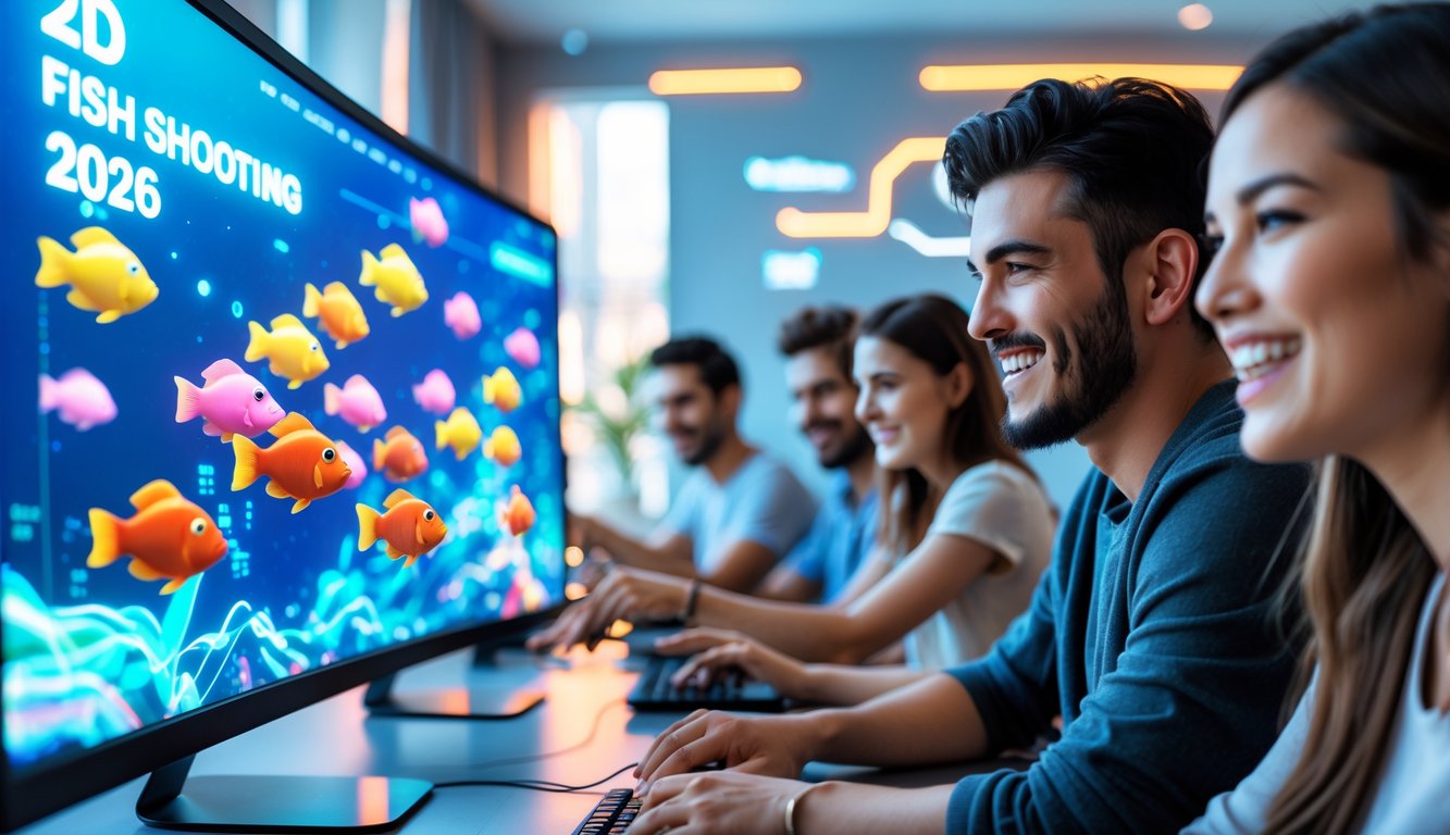 Beberapa orang muda bermain game tembak ikan 2D di depan layar komputer dengan suasana ruangan yang nyaman dan pencahayaan terang.