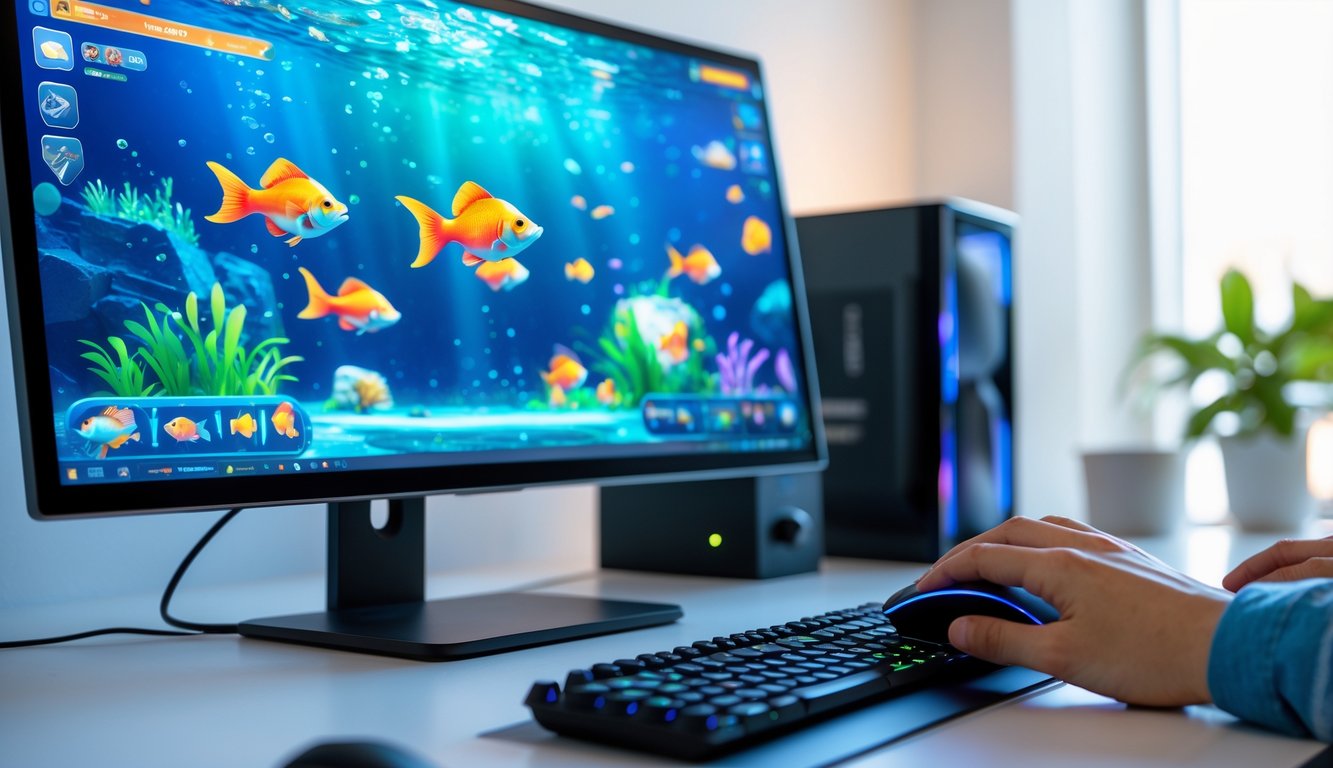 Seorang pemain menggunakan komputer dengan layar menampilkan permainan tembak ikan 2D berwarna-warni di ruangan yang nyaman.