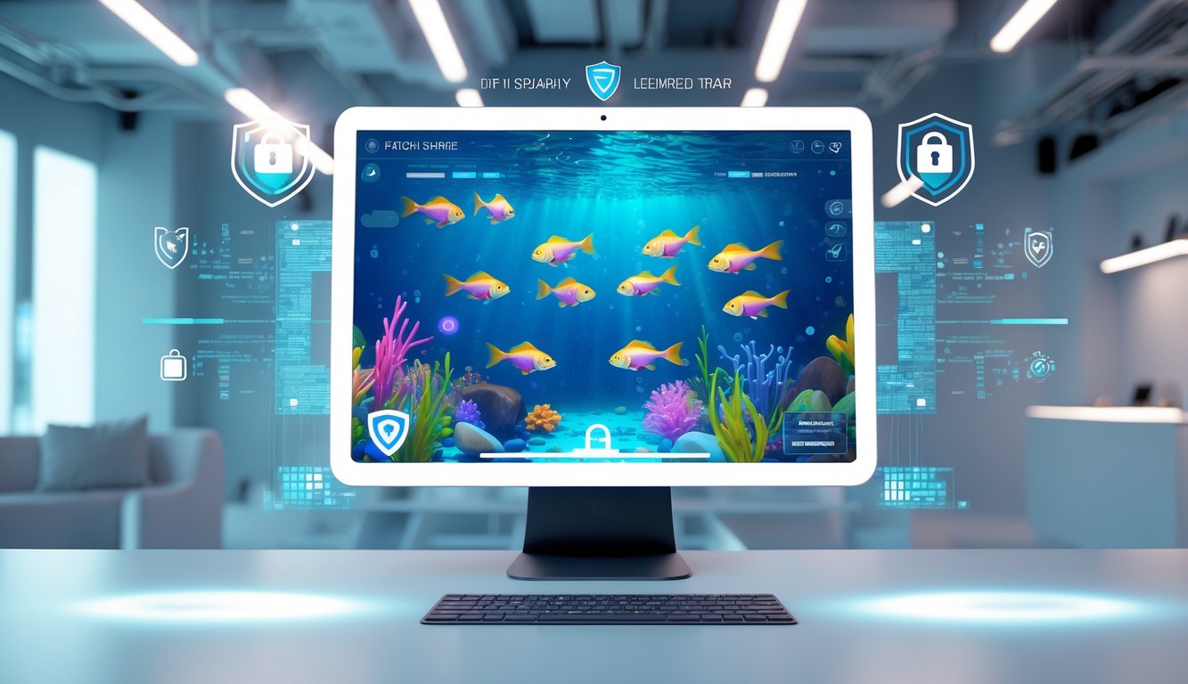 Suasana ruang kerja modern dengan layar perangkat menampilkan permainan ikan 2D yang berwarna-warni dan simbol keamanan digital di sekitarnya.