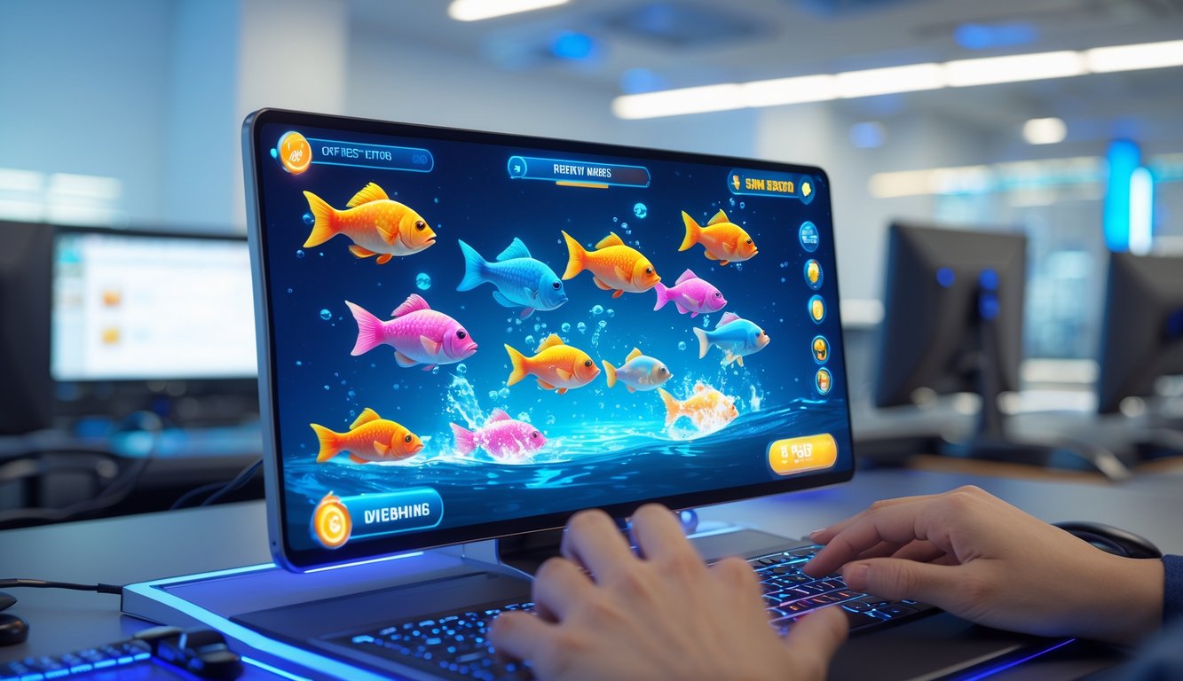 Tampilan layar perangkat dengan permainan tembak ikan 2D yang penuh warna dan animasi ikan bergerak, di lingkungan gaming modern.