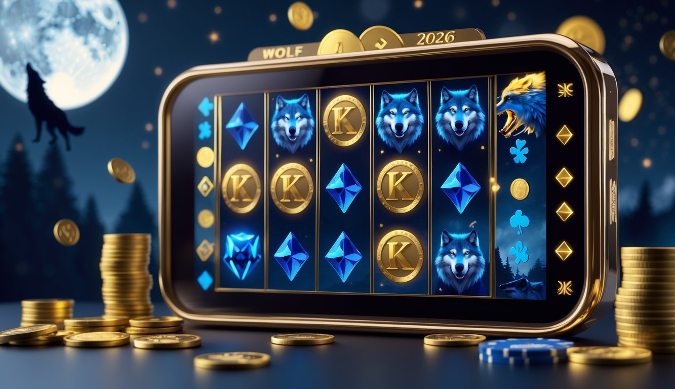 Antarmuka mesin slot digital dengan simbol serigala dan emas, dikelilingi koin emas dan chip poker di latar belakang gelap.