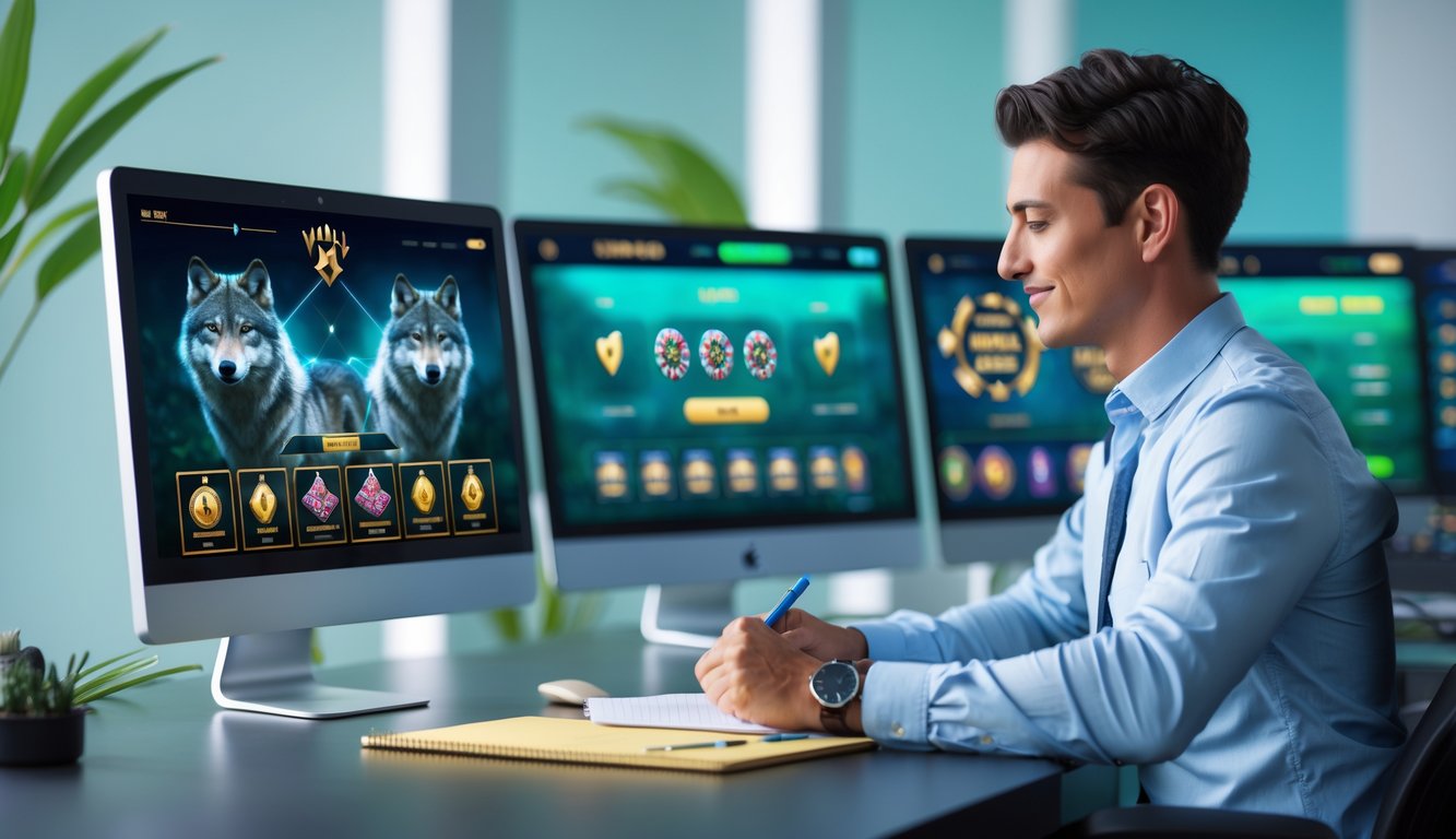 Seseorang duduk di meja modern dengan beberapa layar komputer menampilkan permainan kasino online bertema serigala, terlihat fokus dan sedang mencatat.