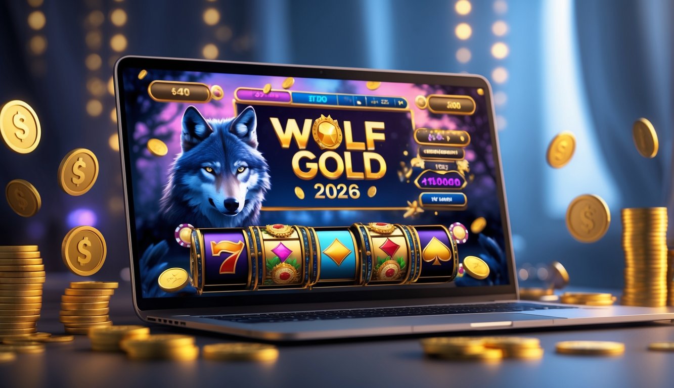 Seorang pengguna sedang melihat layar komputer yang menampilkan permainan slot bertema serigala dan emas dengan koin dan chip kasino di sekitarnya.