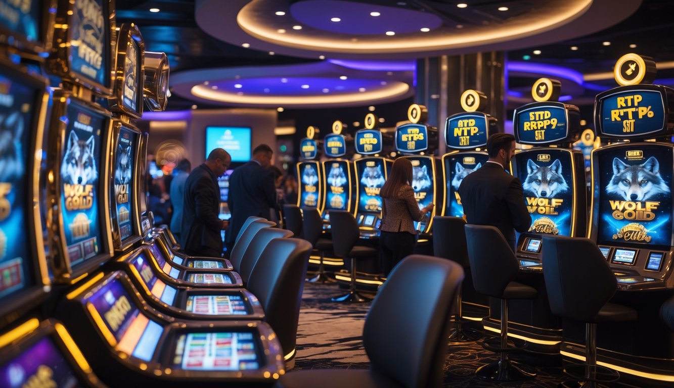 Orang dewasa bermain mesin slot bertema serigala dan emas di kasino modern dengan pencahayaan warna-warni.
