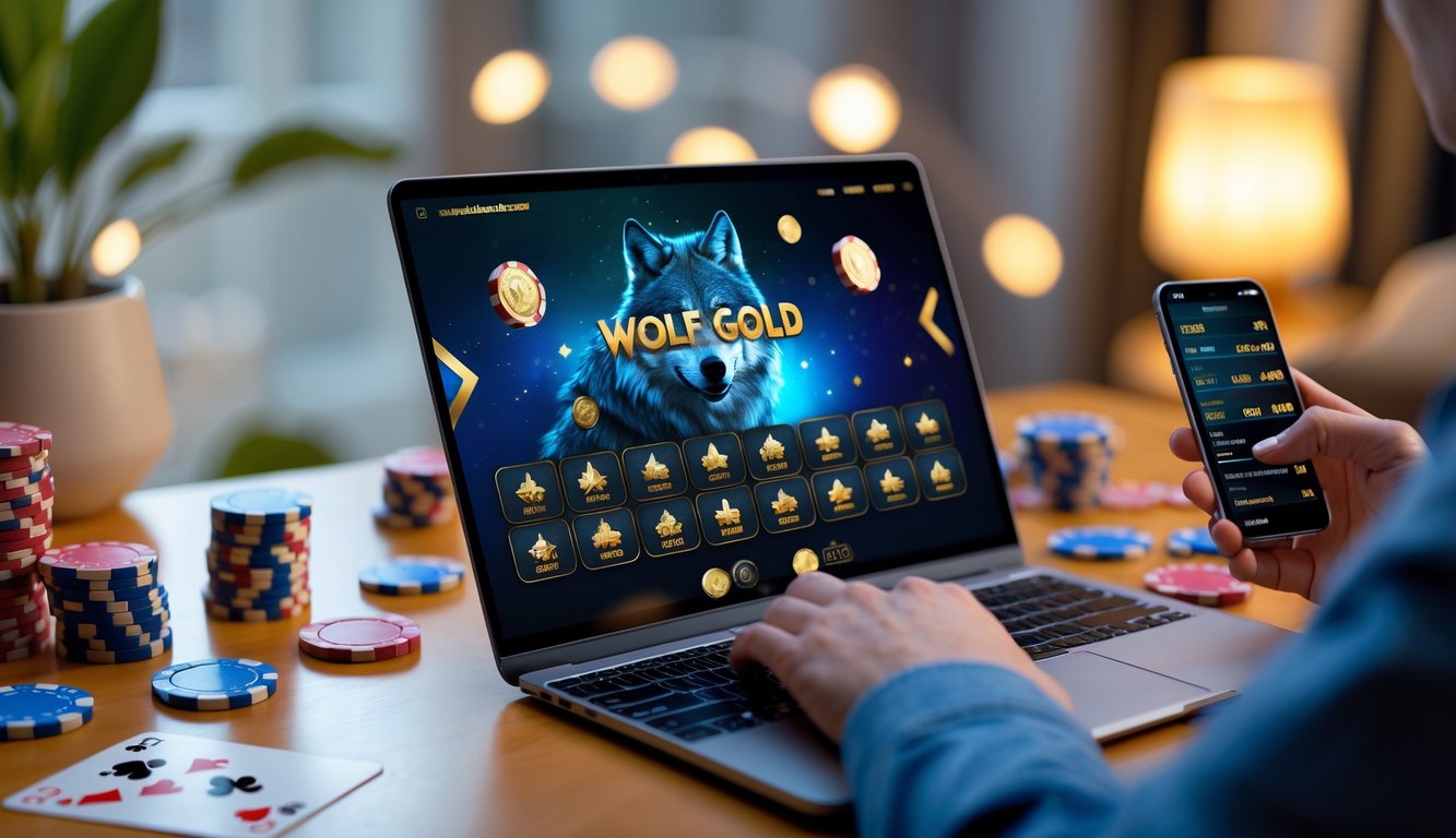 Seorang pengguna bermain game judi online dengan laptop dan smartphone di meja dengan chip poker dan kartu remi.