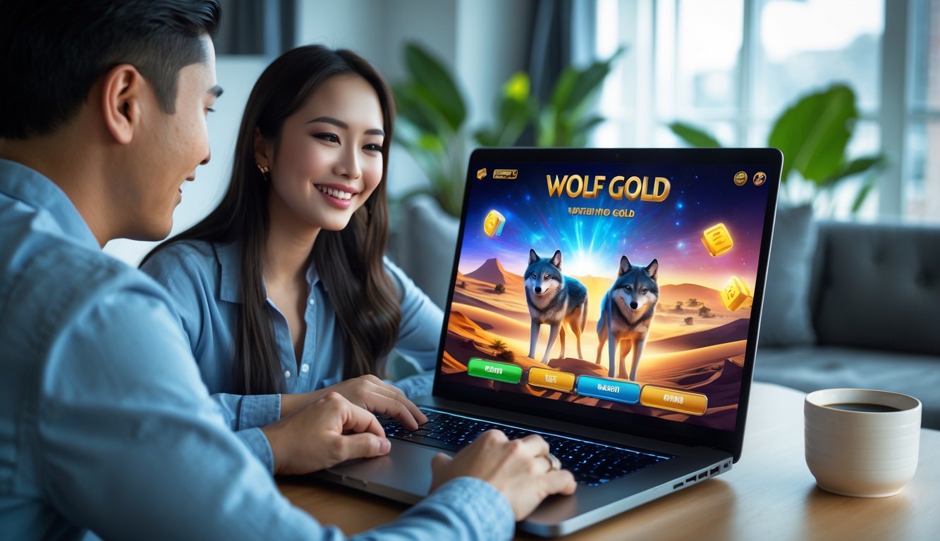 Seorang pria dan wanita Indonesia duduk bersama di ruangan modern sambil bermain permainan slot online di laptop.