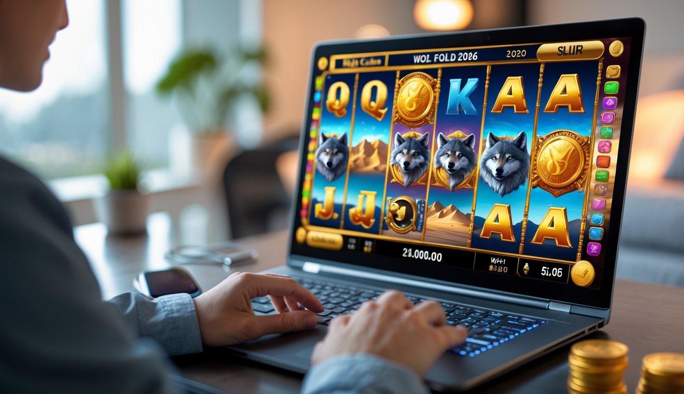 Seseorang menggunakan laptop dengan layar menampilkan permainan slot bertema serigala dan koin emas di lingkungan rumah yang nyaman.