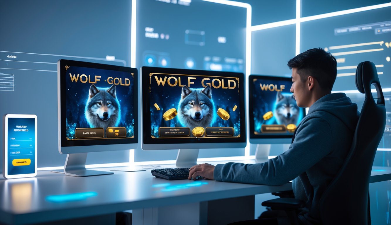Seorang dewasa muda sedang menggunakan komputer dengan tampilan permainan slot bertema serigala dan emas, menunjukkan proses pendaftaran dan transaksi cepat di situs judi online.