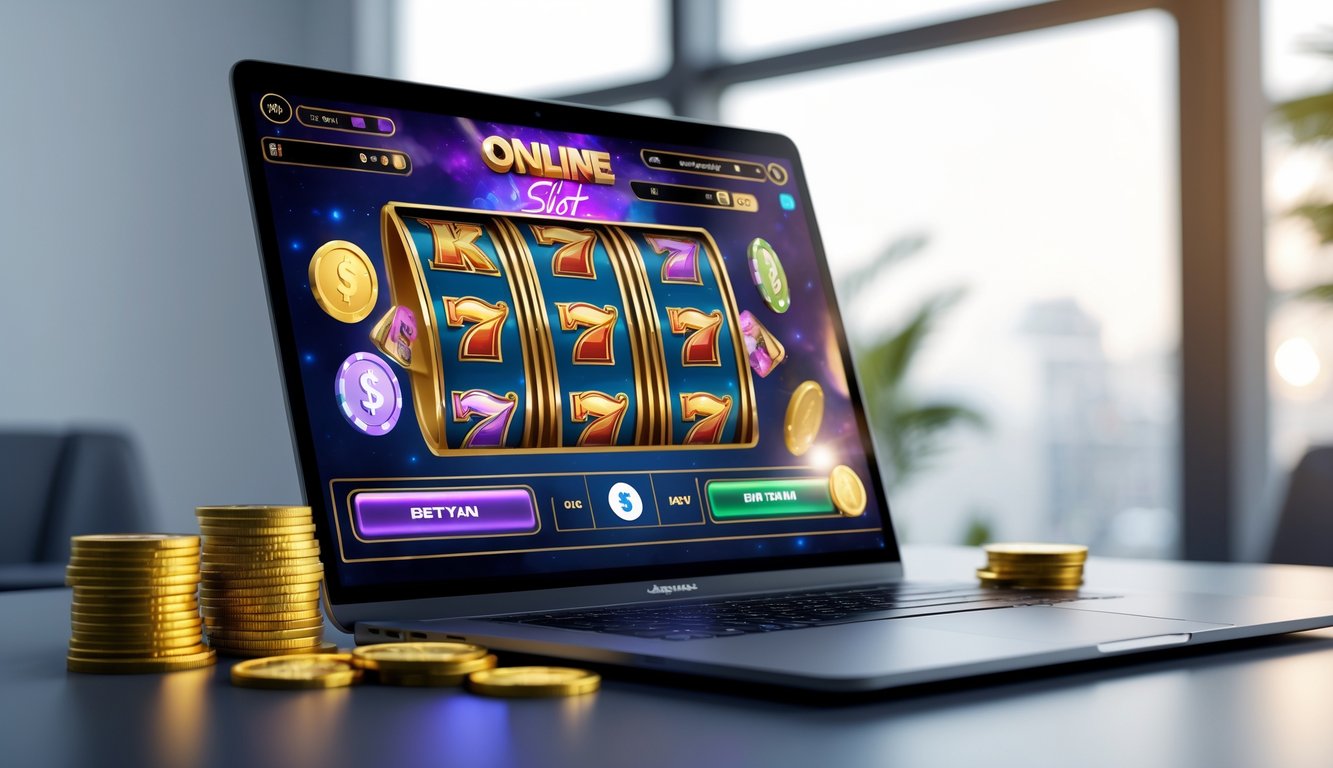 Seorang pemain menggunakan komputer dengan tampilan permainan slot online bertema serigala dan emas, dikelilingi oleh koin dan chip taruhan.