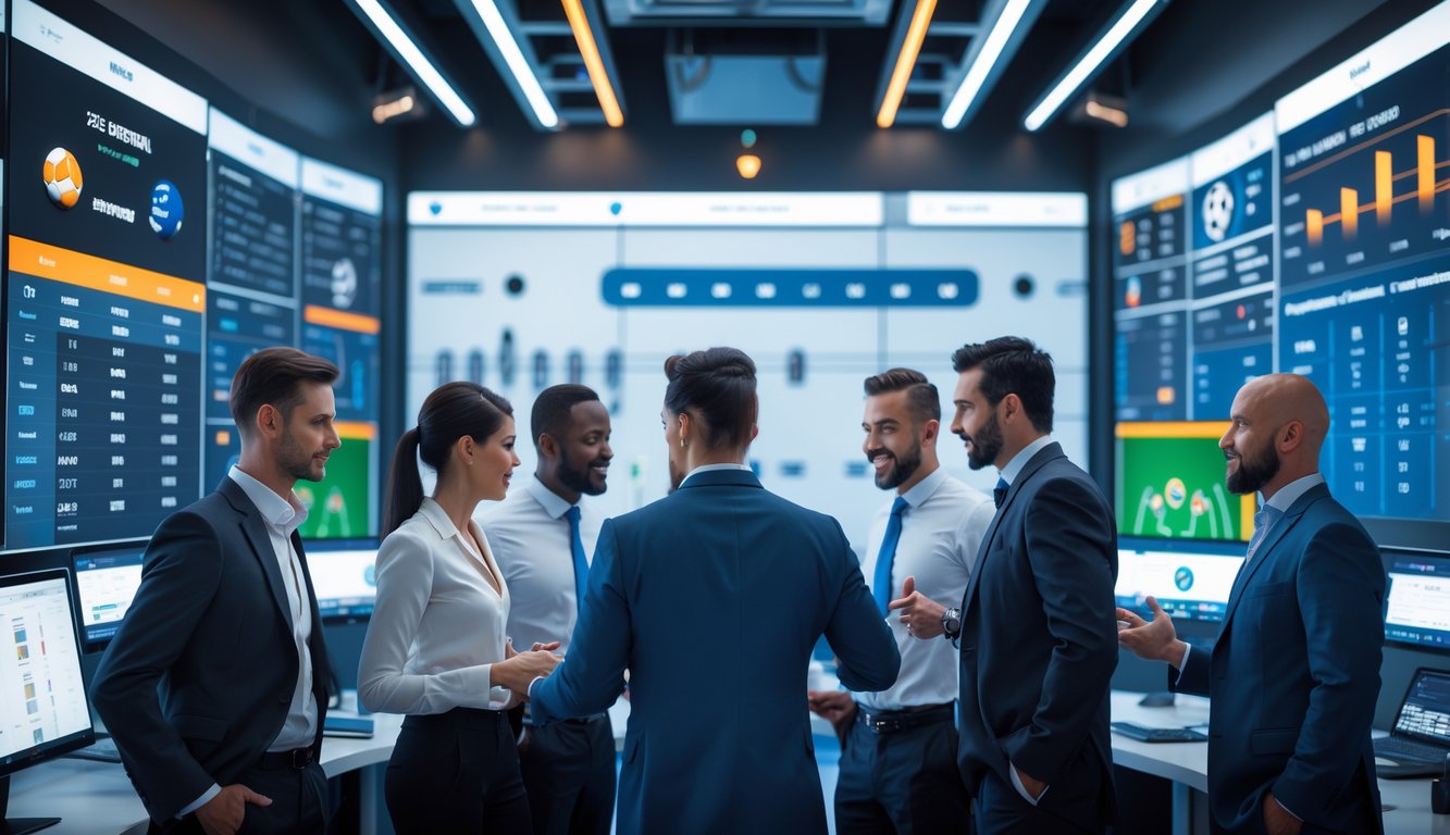 Sejumlah profesional sedang berdiskusi di kantor modern dengan layar digital menampilkan informasi taruhan olahraga.