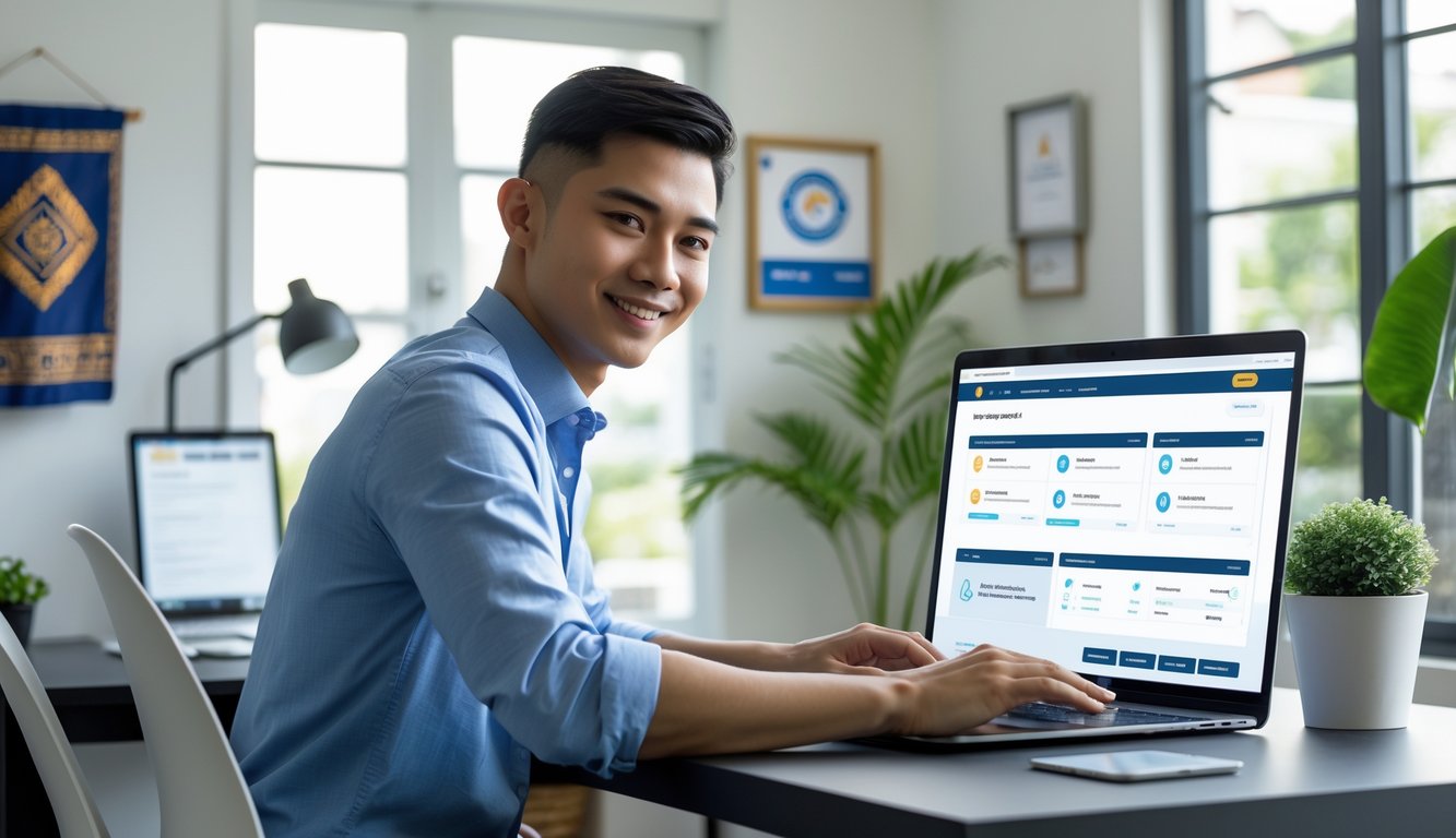 Seorang pria Indonesia sedang menggunakan laptop di meja kerja modern dengan suasana yang aman dan nyaman.