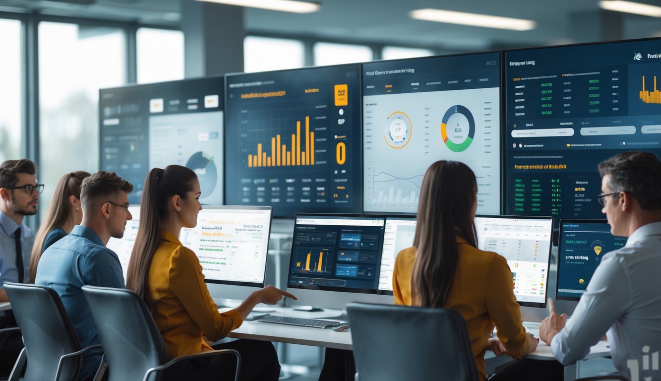 Sekelompok profesional muda sedang melihat layar komputer dengan data sepak bola dan grafik di sebuah kantor modern.