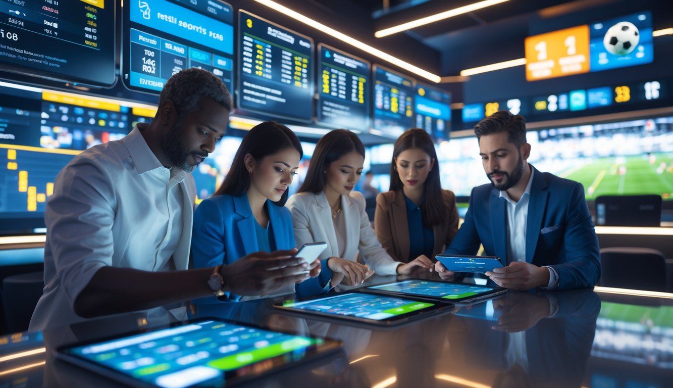 Beberapa orang sedang menggunakan perangkat digital untuk memasang taruhan olahraga dan melihat statistik secara langsung di sebuah ruang olahraga modern.