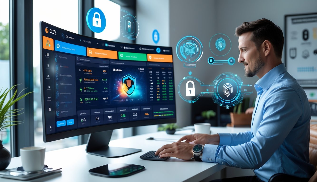 Seorang profesional menggunakan komputer dengan tampilan dashboard taruhan sepak bola dan simbol keamanan di ruang kerja modern.