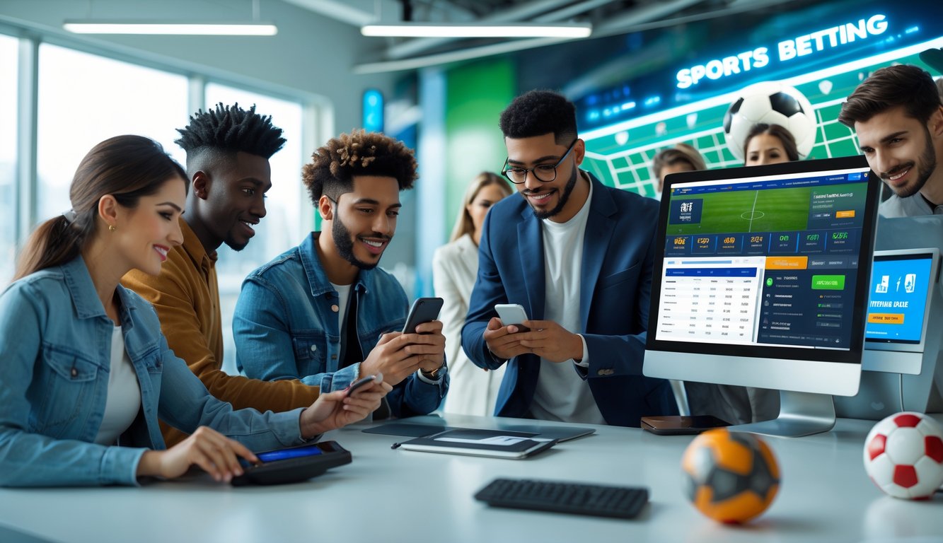 Sekelompok orang muda menggunakan ponsel dan komputer desktop untuk taruhan olahraga online dengan latar belakang elemen olahraga seperti bola sepak dan papan skor digital.