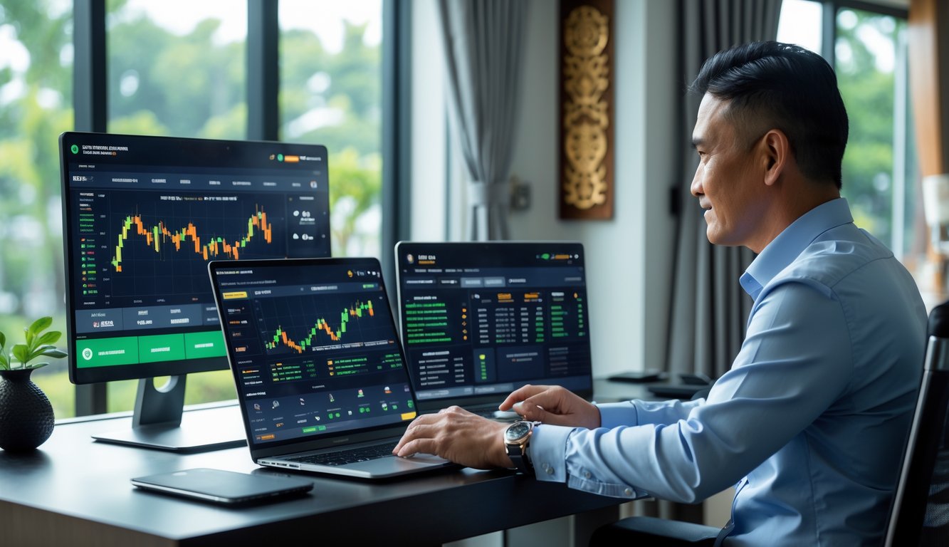 Seorang pria dewasa sedang menggunakan perangkat digital untuk bertaruh olahraga di sebuah ruang kerja modern dengan dekorasi tradisional Indonesia.