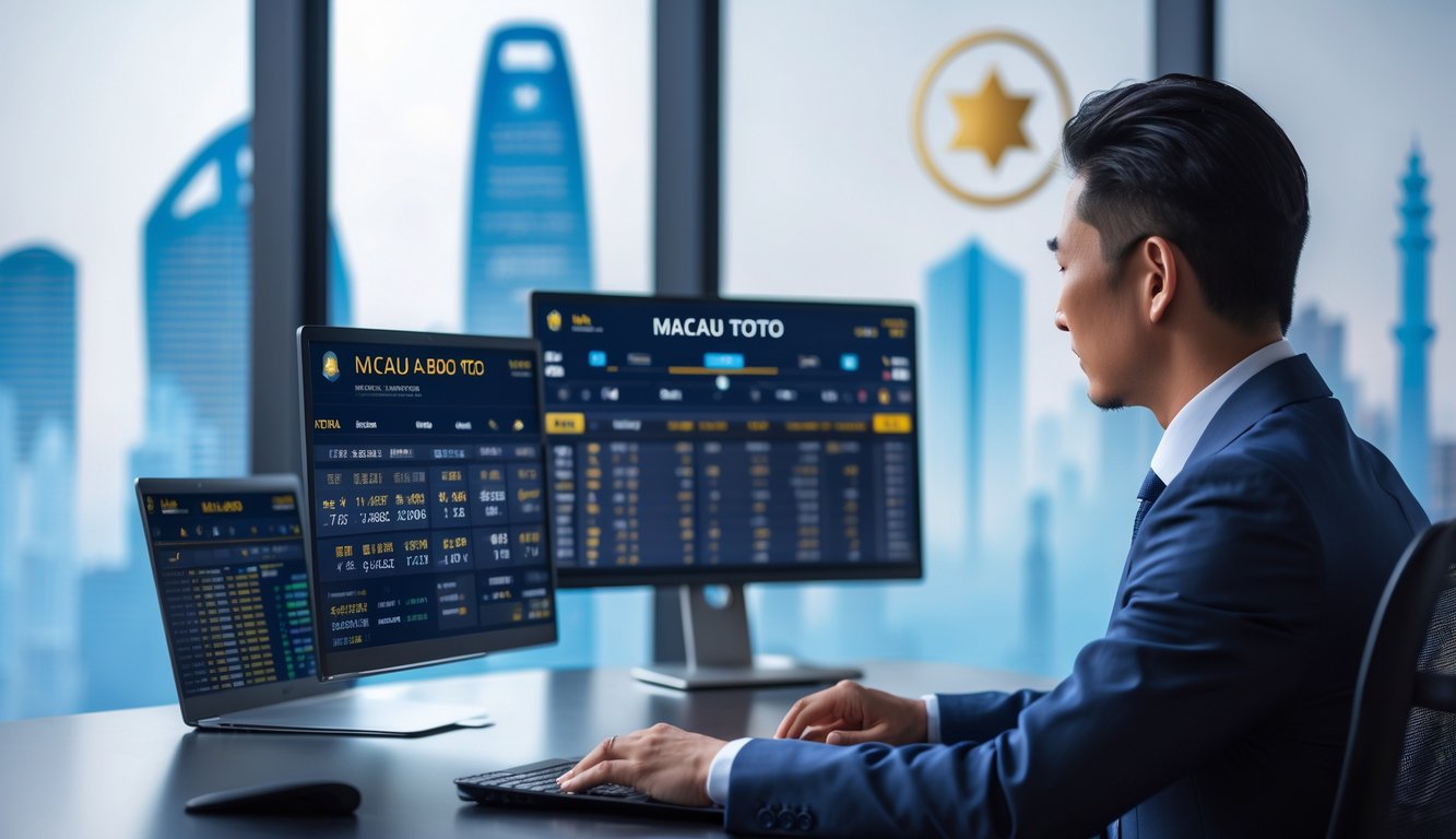 Seorang pria Asia duduk di depan laptop di kantor modern dengan layar yang menampilkan grafik dan angka terkait taruhan Toto Macau.