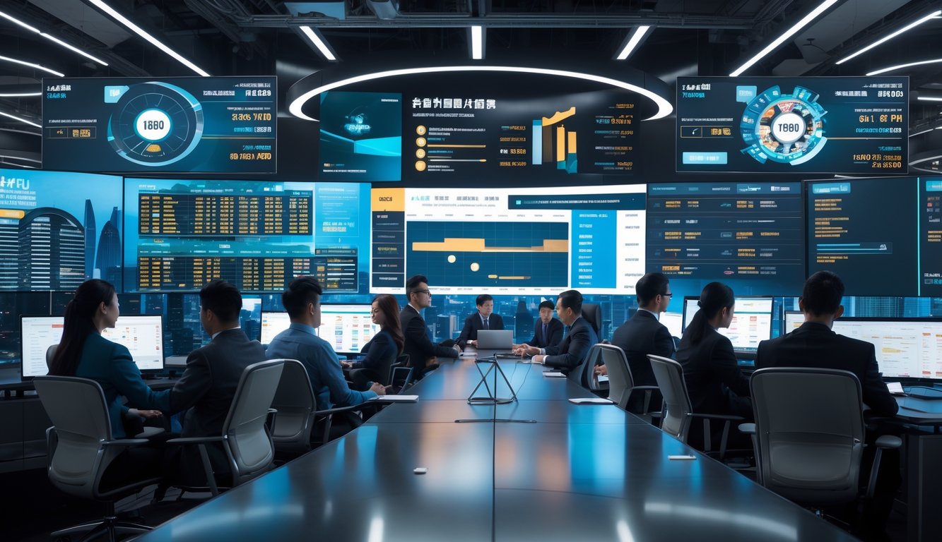 Sejumlah profesional bekerja di kantor modern dengan layar besar menampilkan grafik dan jadwal taruhan terkait Macau.