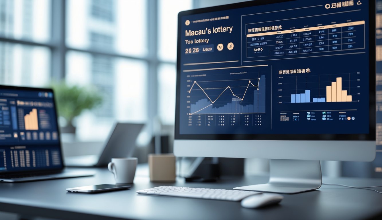 Sebuah komputer di meja kantor menampilkan grafik dan data statistik terkait togel Macau tahun 2026.