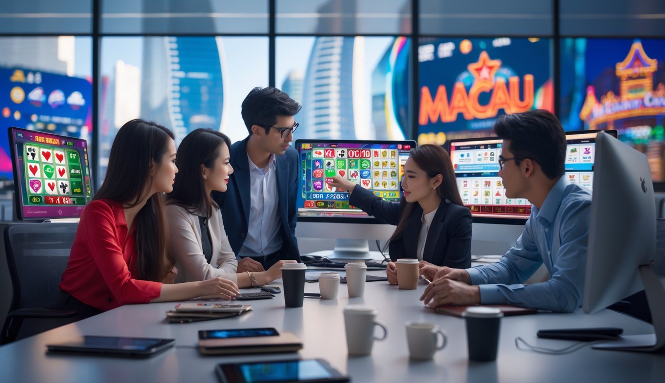 Sekelompok orang muda di kantor modern sedang belajar tentang permainan kasino online dengan layar komputer yang menampilkan permainan dan peluang taruhan.