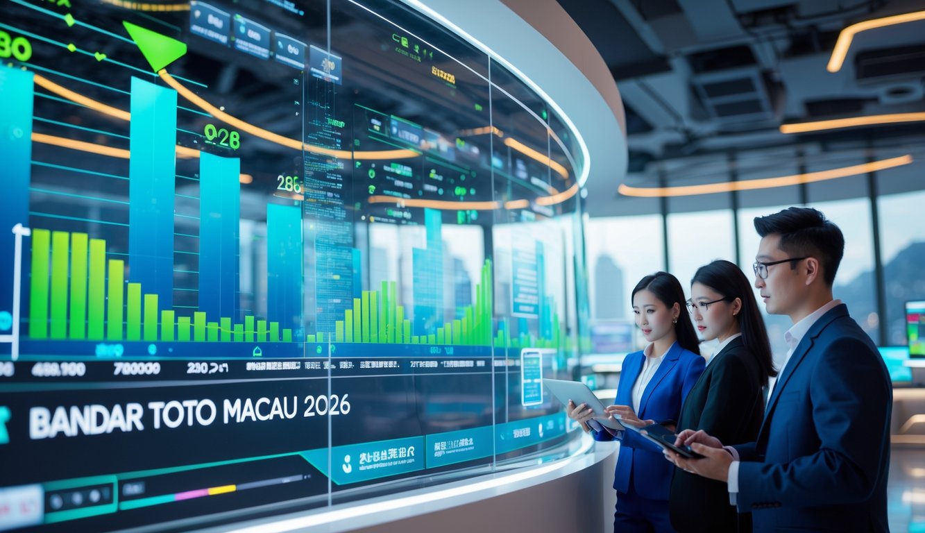 Beberapa profesional sedang melihat layar transparan besar yang menampilkan data real-time di kantor modern dengan pemandangan kota Macau di latar belakang.