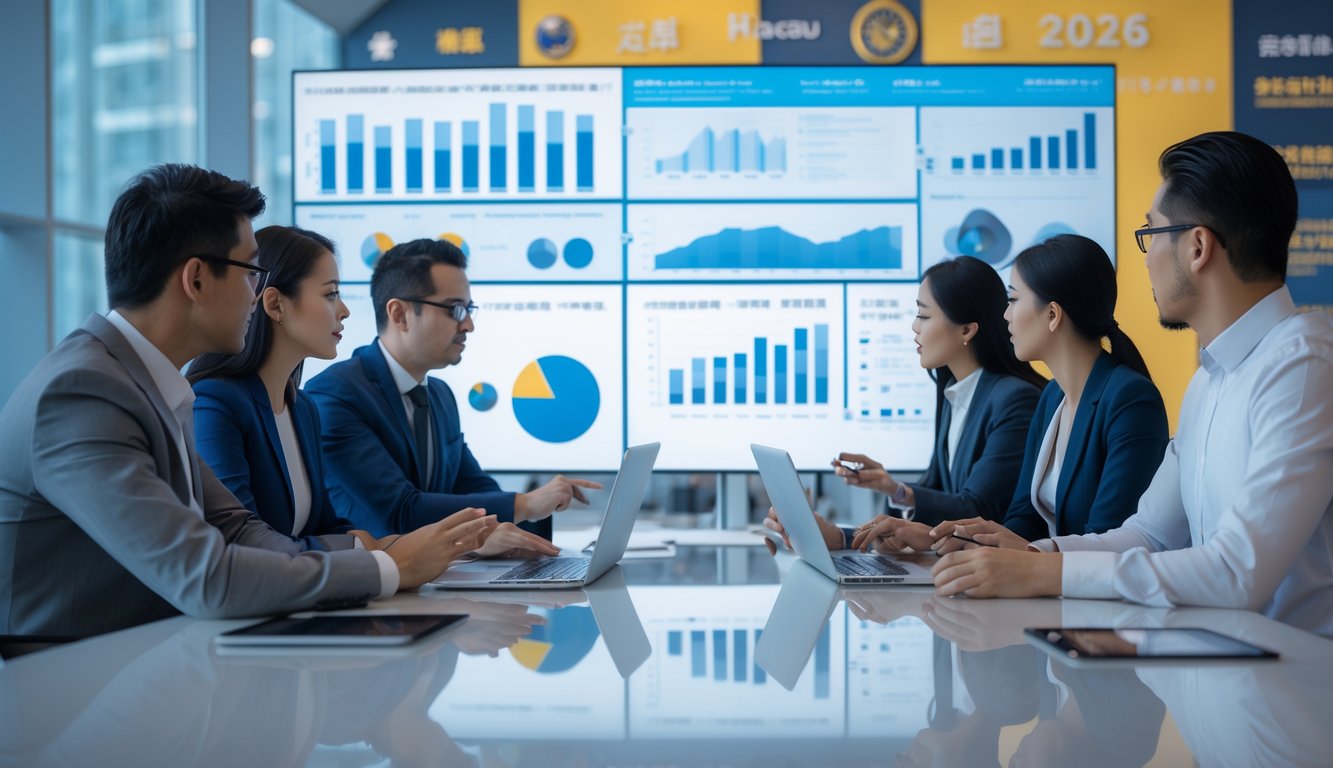 Sekelompok profesional bisnis sedang berdiskusi di ruang kantor modern dengan layar digital yang menampilkan grafik perbandingan.