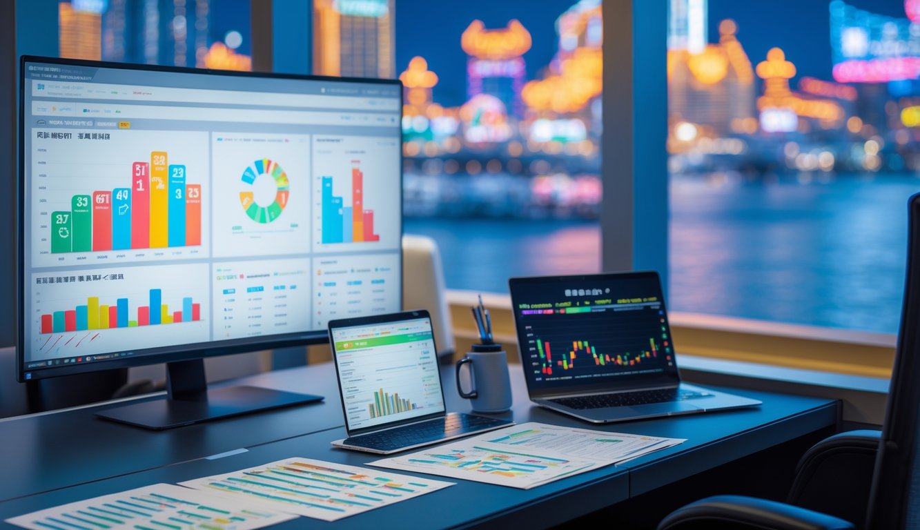 Sebuah kantor modern dengan monitor komputer menampilkan grafik dan data analisis taruhan, dengan latar belakang pemandangan kota Macau.