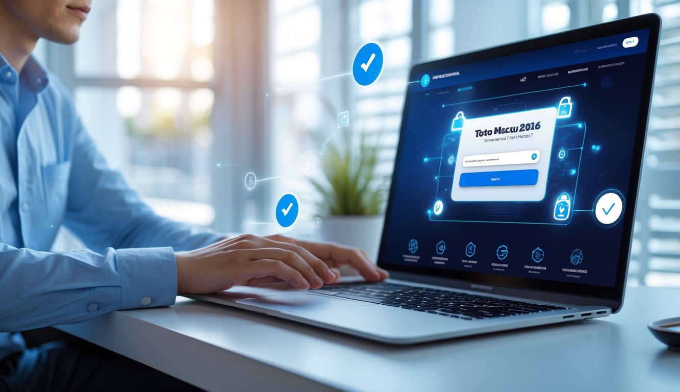 Seseorang menggunakan laptop di ruang kerja yang terang dengan simbol keamanan digital di latar belakang.