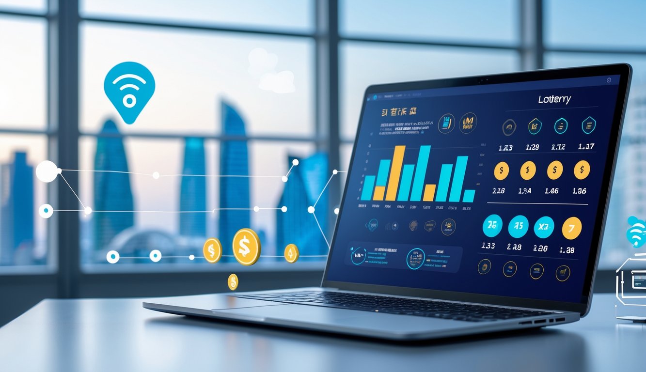 Sebuah ruang kerja modern dengan laptop yang menampilkan grafik dan statistik, latar belakang menunjukkan siluet kota Macau.