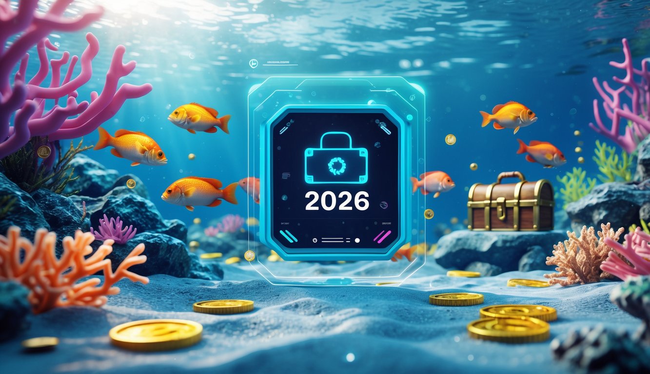 Pemandangan bawah laut dengan ikan berwarna-warni, terumbu karang, dan tanaman air, menampilkan suasana permainan memancing digital yang menarik dan penuh bonus.