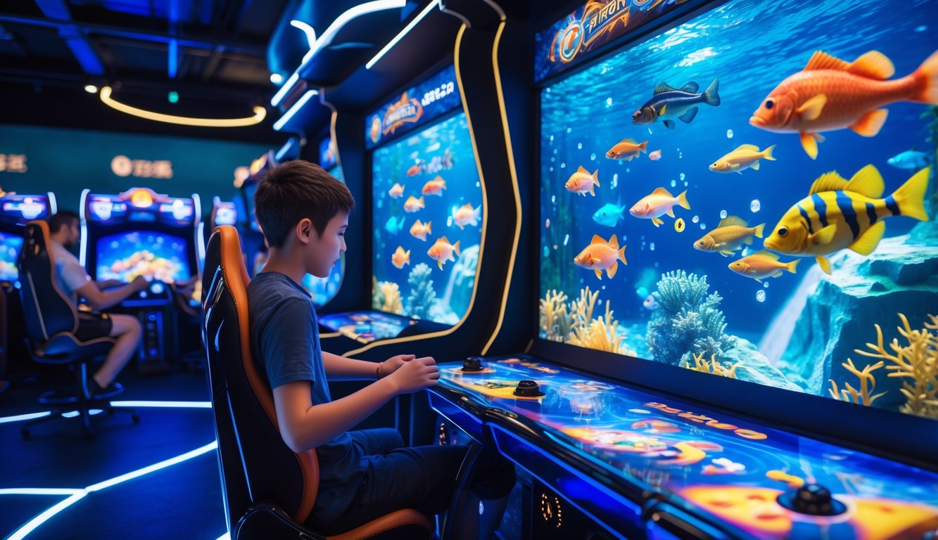 Suasana ruang permainan dengan mesin arcade tembak ikan 3D yang berwarna-warni dan dua orang pemain sedang bermain.
