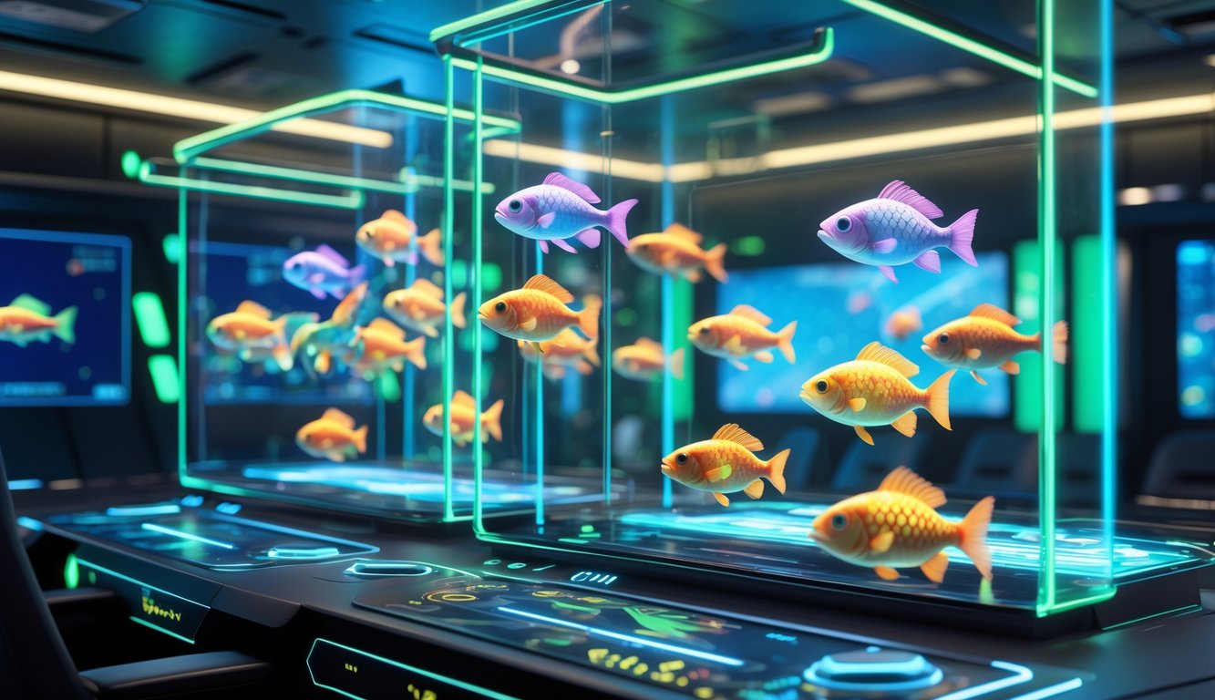 Sebuah ruangan dengan layar transparan menampilkan ikan 3D berwarna-warni yang berenang dalam suasana futuristik dan teknologi tinggi.