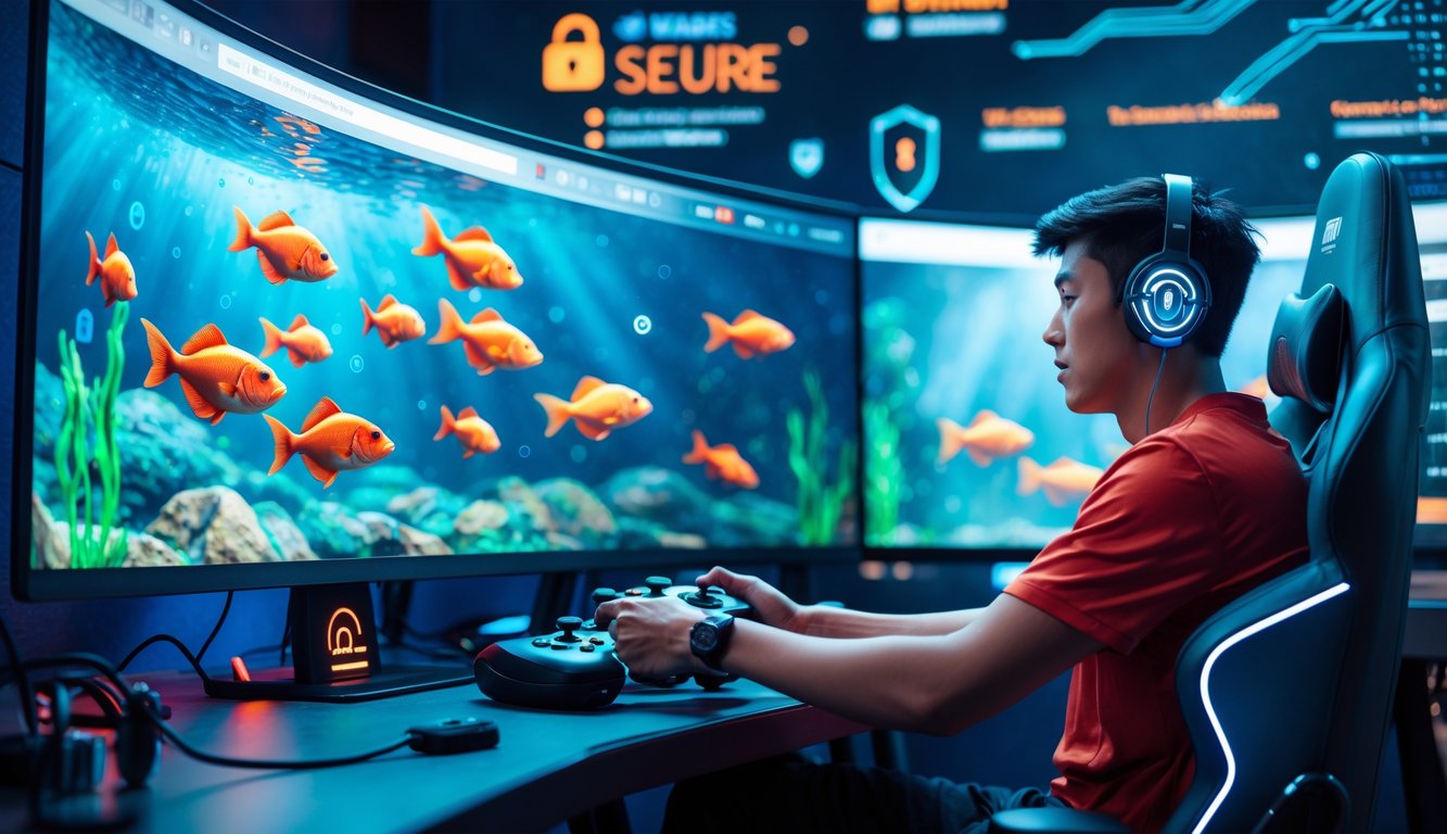 Seorang gamer muda yang fokus bermain permainan menembak ikan 3D di depan layar komputer dengan latar belakang elemen digital yang menunjukkan keamanan dan stabilitas server.