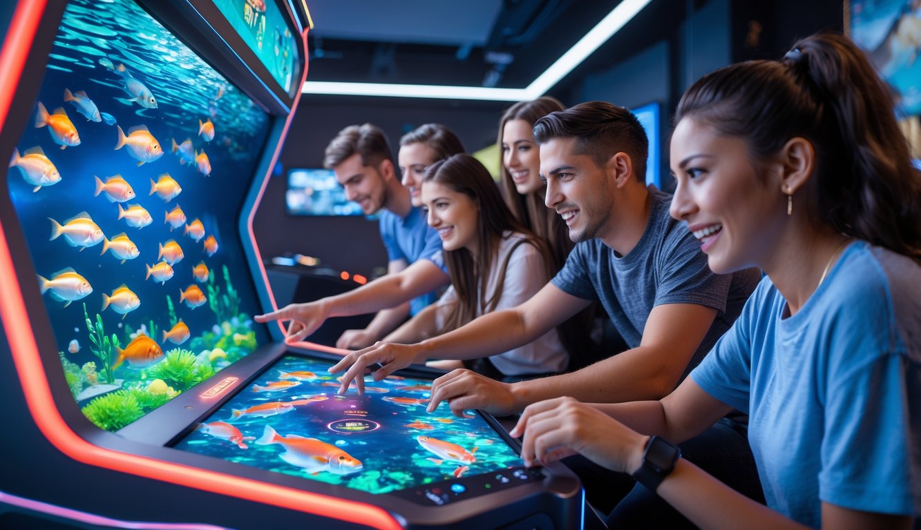 Beberapa orang muda sedang bermain permainan tembak ikan 3D di sebuah mesin arcade modern dengan grafis ikan warna-warni di latar bawah laut.