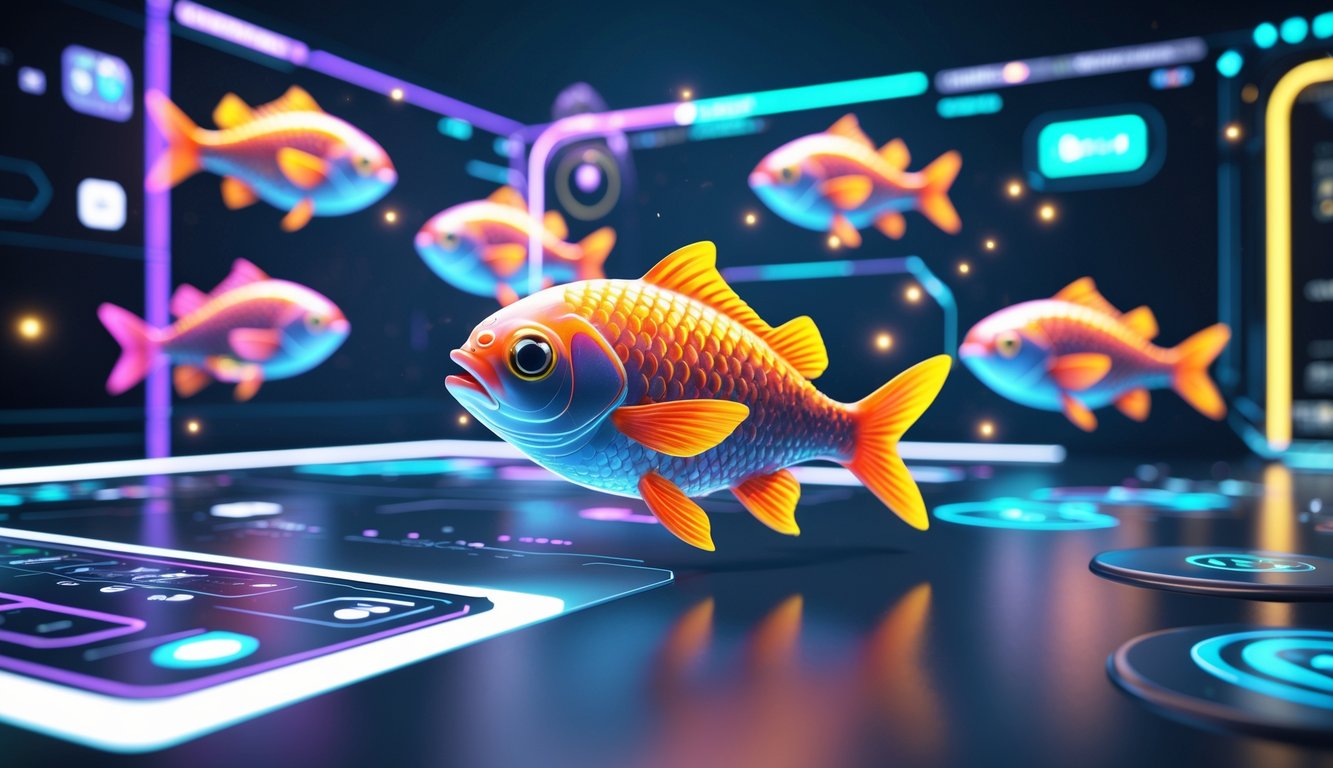 Tampilan antarmuka permainan menembak ikan 3D dengan berbagai ikan berwarna-warni dan efek visual canggih.