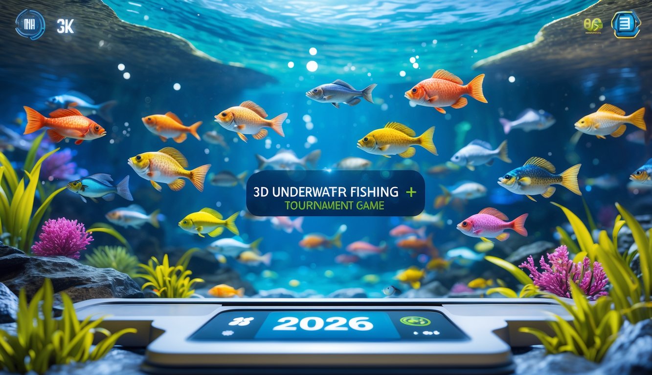 Adegan bawah laut dengan ikan-ikan 3D berwarna-warni berenang di sekitar, menampilkan suasana permainan memancing yang menarik dan kompetitif.