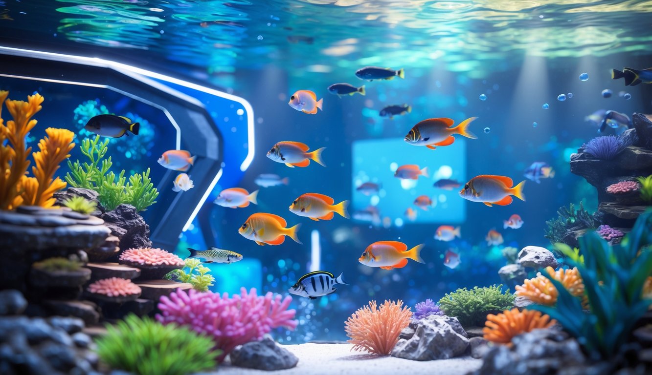 Pemandangan bawah laut dengan ikan warna-warni dan terumbu karang yang hidup di akuarium digital modern.
