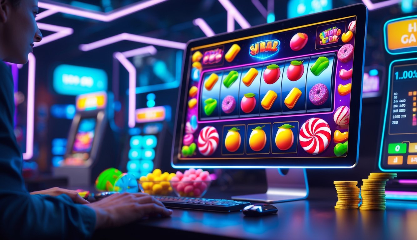 Tampilan layar komputer dengan permainan slot bertema permen berwarna-warni dan buah-buahan, menunjukkan suasana permainan kasino online yang modern dan menarik.