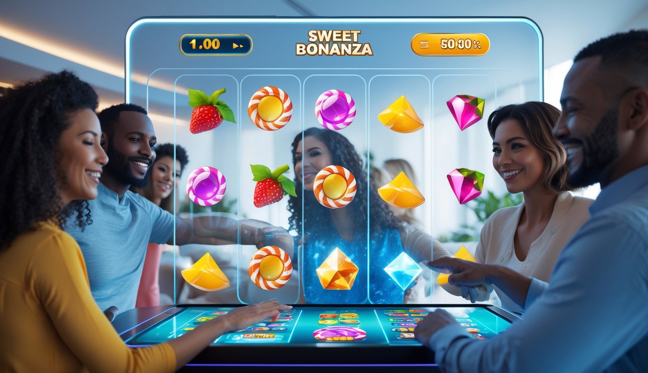 Orang-orang bermain slot online dengan layar sentuh besar menampilkan ikon permainan warna-warni di ruang permainan modern yang terang dan bersih.