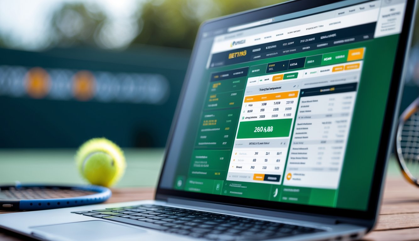 Tampilan layar komputer dengan situs taruhan tenis online yang menunjukkan peluang dan pasar taruhan lengkap.