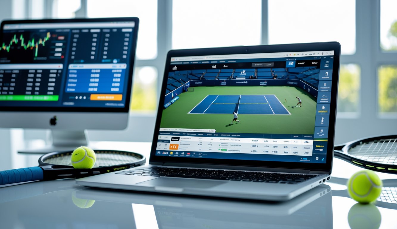 Meja kerja dengan laptop yang menampilkan pertandingan tenis, raket tenis dan bola tenis di sampingnya, serta layar kedua dengan grafik taruhan olahraga tenis.