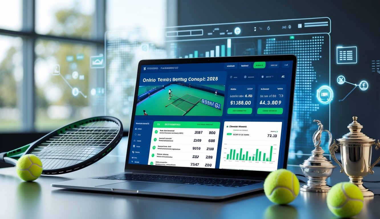 Seorang pria duduk di depan laptop dengan layar menampilkan situs taruhan tenis online, dikelilingi raket tenis dan bola tenis di meja.
