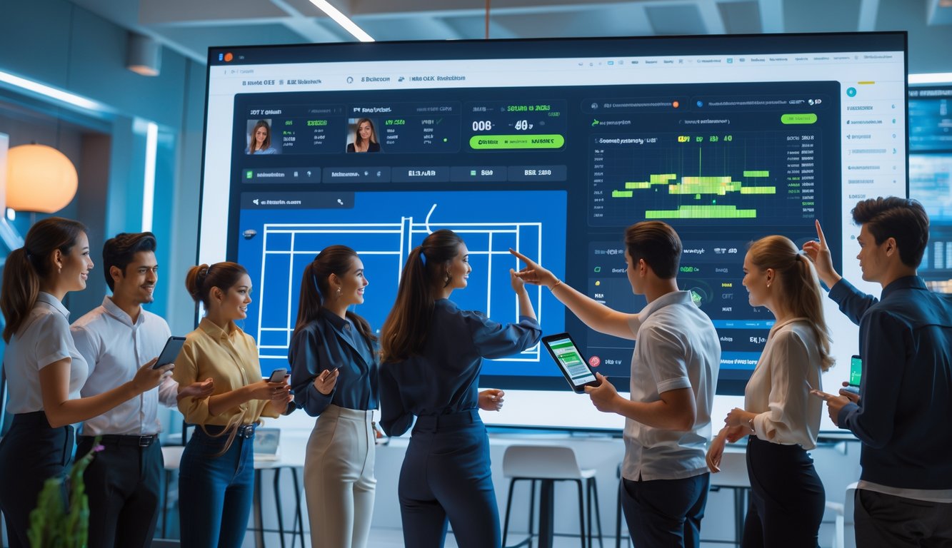 Sekelompok orang muda sedang melihat layar besar yang menampilkan statistik dan taruhan langsung pertandingan tenis.