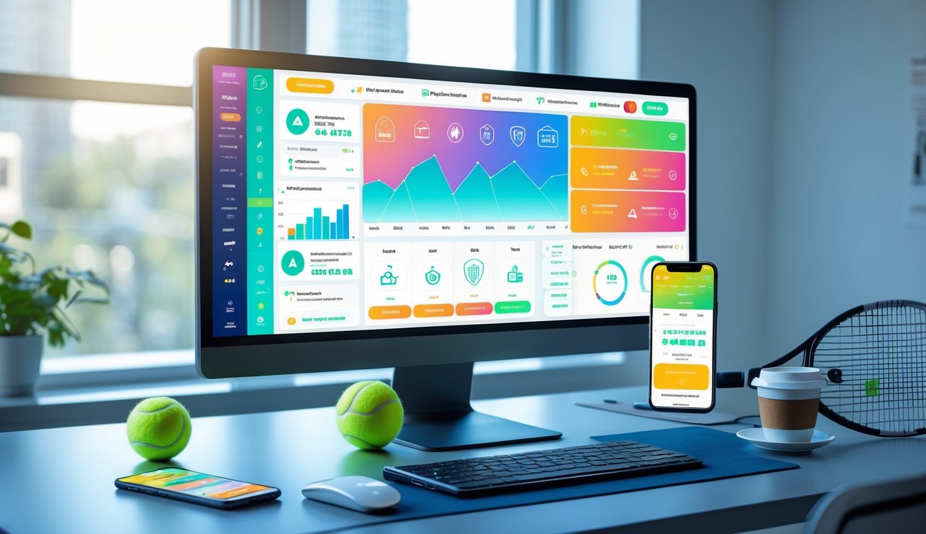 Sebuah ruang kerja modern dengan komputer menampilkan dashboard taruhan tenis online, bola tenis dan raket di meja, serta suasana terang dan rapi.