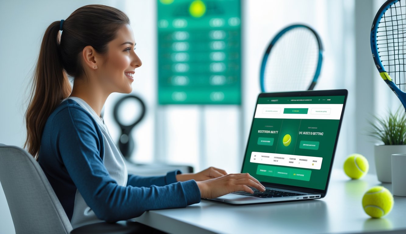 Seorang pemula duduk di depan laptop dengan latar belakang peralatan tenis, sedang menggunakan situs taruhan tenis secara online.