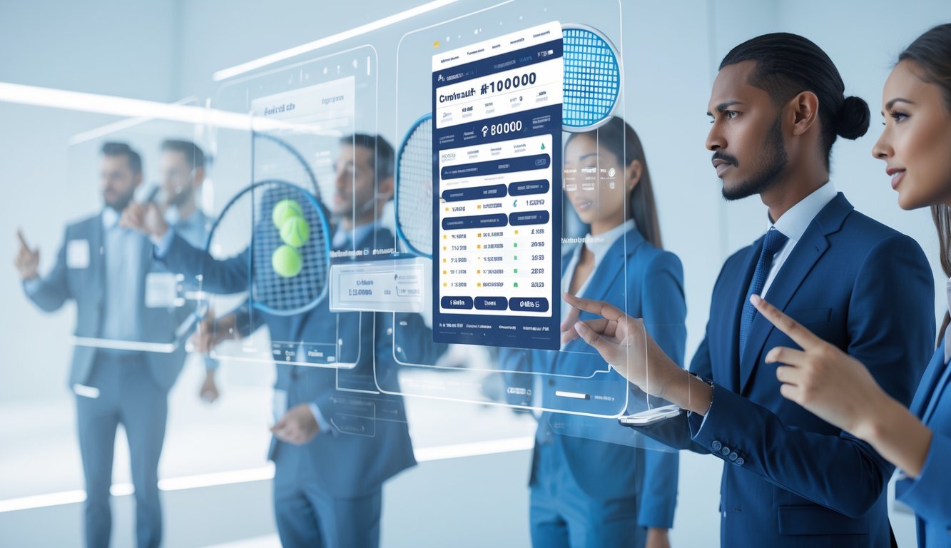 Orang-orang sedang menggunakan antarmuka digital untuk membandingkan situs judi taruhan tenis dengan bonus dan peluang kompetitif.