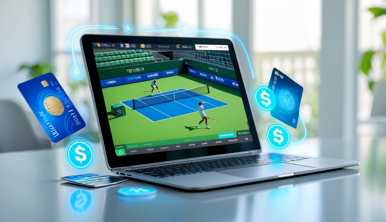 Seorang pria menggunakan laptop dengan tampilan pertandingan tenis digital dan ikon pembayaran di sekitarnya.