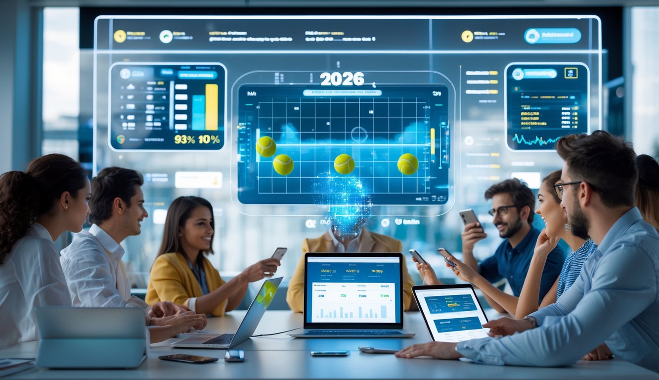 Beberapa orang menggunakan perangkat digital untuk melihat statistik dan taruhan tenis secara online di ruang kerja modern.