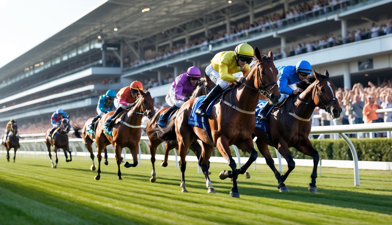 Beberapa kuda pacuan dengan joki sedang berlari cepat di lintasan balap dengan penonton ramai di tribun.