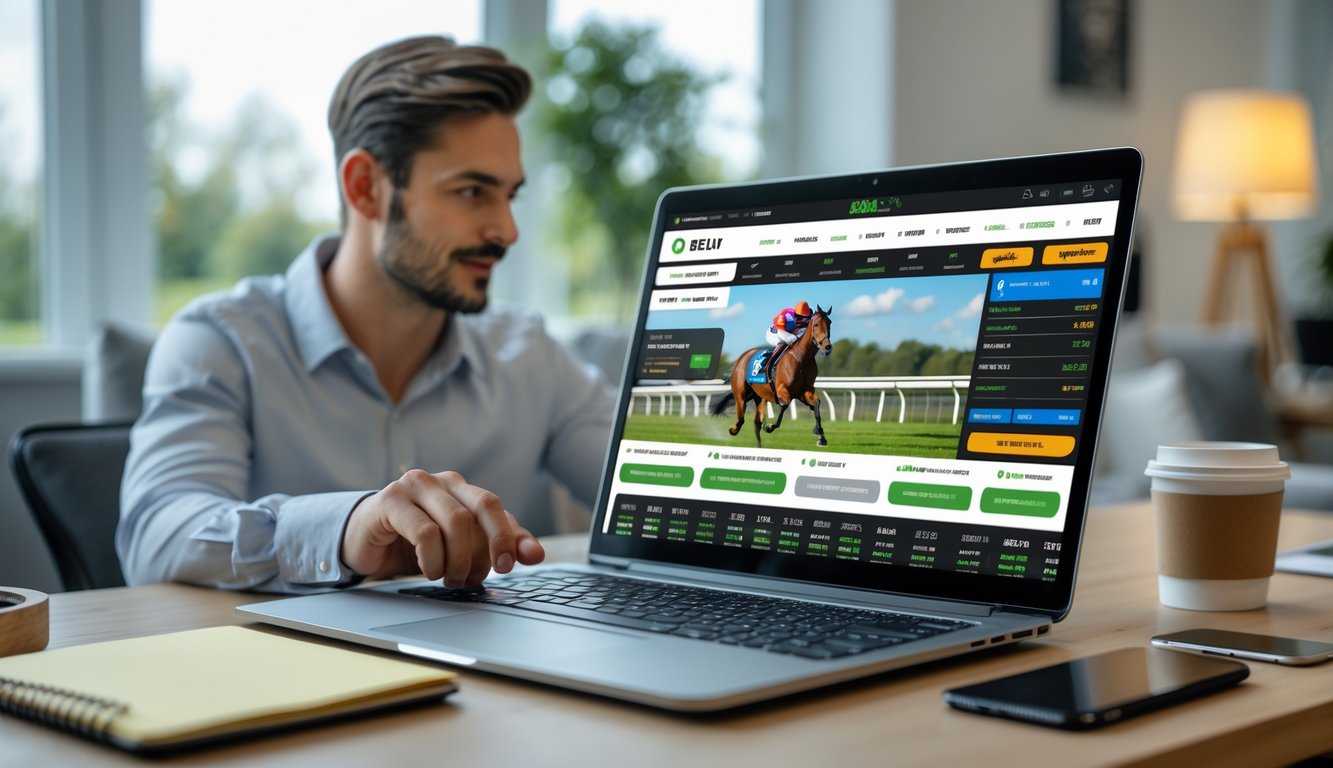Seseorang menggunakan laptop untuk memasang taruhan balap kuda secara online di lingkungan rumah atau kantor yang nyaman.